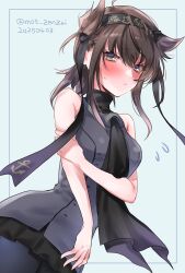 Rule 34 | bare shoulders, blush, breasts, brown hair, dated, gradient eyes, hachimaki, hatsuzuki (kancolle), headband, highres, kantai collection, looking at viewer, medium breasts, medium hair, mot zenzai, multicolored eyes, one-hour drawing challenge, ponytail, short ponytail, sidelocks, turtleneck, twitter username