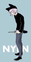 1boy akaiti animal_hat black_eyes black_sweater blue_background cat_boy cat_hat cat_tail character_name commentary_request facial_mark fingernails full_body hat holding holding_knife knife looking_at_viewer male_focus nyen_(randal&#039;s_friends) pink_hair randal&#039;s_friends sharp_fingernails short_hair simple_background solo standing sweater tail whisker_markings