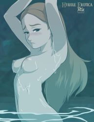 Rule 34 | 1girl, aqua background, arched back, armpits, arms up, artist name, blonde hair, blush, breasts, caustics, closed mouth, dark, deviantart username, dripping, embarrassed, english text, eyelashes, from side, green eyes, highres, long hair, looking at viewer, nintendo, nipples, nose blush, nude, parted bangs, perky breasts, princess, princess zelda, r3dfive, raised eyebrows, shadow, small breasts, solo, standing, the legend of zelda, the legend of zelda: breath of the wild, upper body, wading, water, water drop, wet