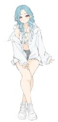 1girl artist_request blue_hair braid crossed_legs facing_viewer glasses original shorts sketch sleeves_past_wrists smile solo