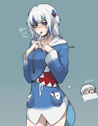 1girl absurdres aged_up animal_costume animal_hood artist_name bags_under_eyes blue_hair blue_hoodie blue_nails blunt_bangs blush commentary drawstring dreaming english_commentary english_text fins fish_tail gawr_gura gawr_gura_(1st_costume) hair_ornament hand_on_own_chest highres hololive hololive_english hood hood_down hoodie k3nnyn3v long_sleeves looking_at_viewer multicolored_hair parted_lips shark_costume shark_girl shark_hair_ornament shark_hood shark_print shark_tail sharp_teeth solo standing streaked_hair tail teeth thighs two_side_up virtual_youtuber white_hair
