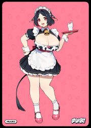 1girl absurdres animal_ears animal_print bell black_hair breasts cleavage cow_ears cow_girl cow_horns cow_print cow_tail cowbell curvy go!_go!_gris! hands_on_own_hips highres horns implied_breast_milk implied_lactation large_breasts medium_hair milk muuko_(go!_go!_gris!) neck_bell pink_background simple_background tail thick_thighs thighs vertigris