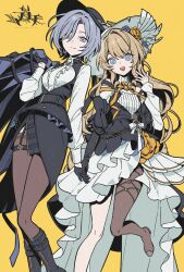 2girls asymmetrical_legwear black_boots black_gloves black_hat black_jacket black_skirt blonde_hair blue_eyes blue_hair boots character_request copyright_request dress elbow_gloves genshin_impact gloves hat high-low_dress highres jacket long_hair long_sleeves looking_at_viewer m4k3inu multiple_girls navia_(genshin_impact) shirt skirt sleeveless sleeveless_jacket thighhighs white_dress white_hat white_shirt yellow_background