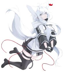 1girl ahoge animal_ears black_boots black_gloves black_jacket black_skirt boots closed_mouth drawstring fox_ears fox_girl fox_tail full_body gloves hair_between_eyes highres hood hood_down hoodie jacket long_hair long_sleeves looking_at_viewer original pleated_skirt sidelocks simple_background skirt solo sumishi_(sumisi_3) tail thigh_boots thigh_strap thighs two-tone_hoodie two-tone_skirt white_background white_eyes white_hair white_hoodie white_skirt
