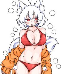 Rule 34 | 1girl, animal ears, bikini, blush, breasts, fumomono, highres, inubashiri momiji, medium breasts, medium hair, open mouth, red bikini, steam, swimsuit, tail, touhou, white background, white hair, wolf ears, wolf girl, wolf tail