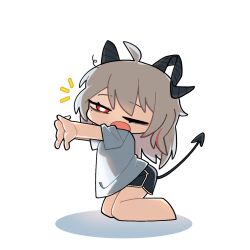 1girl alternate_costume bags_under_eyes black_horns black_shorts black_tail bright_pupils chibi chibi_only commentary_request curled_horns demon_tail dolphin_shorts grey_hair horns korean_commentary long_hair looking_at_viewer open_mouth red_eyes shirt shorts simple_background solo stretching tail teeny_(nonzone) white_background white_pupils white_shirt wuthering_waves yawning zani_(wuthering_waves)