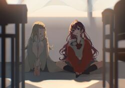 2girls blonde_hair blue_eyes cardigan classroom curtains gakuen_idolmaster highres ichinose_shiki idolmaster idolmaster_cinderella_girls indoors knees_to_chest long_hair looking_at_another multiple_girls nininiwa2 on_floor open_cardigan open_clothes orange_eyes purple_hair red_cardigan shinosawa_hiro sitting sketch skirt smile twilight very_long_hair wavy_hair wind