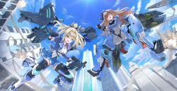 Rule 34 | 2girls, ammo21204760, black gloves, blonde hair, blue eyes, blue jacket, blue skirt, blue sky, bodysuit, breasts, brown hair, building, cloud, collared shirt, day, dual wielding, explosion, firing, floating hair, flying, gloves, gun, hair intakes, hibiki (starward), highres, holding, holding gun, holding weapon, jacket, kaze (starward), long hair, looking at viewer, mecha musume, mechanical legs, medium breasts, midair, missile pod, multiple girls, neck ribbon, open mouth, pleated skirt, ribbon, rifle, school uniform, science fiction, shirt, skirt, sky, starward, submachine gun, thighhighs, thrusters, v-shaped eyebrows, weapon, white shirt