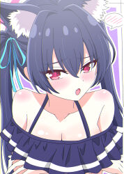 Rule 34 | 1girl, :o, animal ear fluff, animal ears, arms under breasts, bare shoulders, bikini, black bikini, black hair, blue archive, blue ribbon, blush, border, bra, breasts, cat ears, cat girl, cleavage, collarbone, commentary, extra ears, eyes visible through hair, fang, frilled bra, frills, furrowed brow, hair between eyes, hair intakes, hair ribbon, halo, halterneck, highres, long hair, looking at viewer, official alternate costume, open mouth, outline, outside border, pink halo, purple background, red eyes, red pupils, ribbon, serika (blue archive), serika (swimsuit) (blue archive), shimotsukiya, shy, simple background, skin fang, solo, speech bubble, spoken blush, straight hair, swimsuit, tsurime, twintails, underwear, upper body, white border, white outline