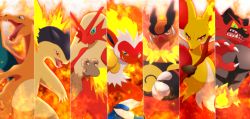 animal_ear_fluff blaziken blue_eyes brown_eyes charizard colored_sclera creature delphox dragon emboar fangs fire furry gen_1_pokemon gen_2_pokemon gen_3_pokemon gen_4_pokemon gen_5_pokemon gen_6_pokemon gen_7_pokemon holding holding_stick incineroar infernape looking_at_viewer maiko_(mimi) monkey nintendo pig pokemon pokemon_(creature) red_eyes simple_background stick typhlosion white_background wings yellow_sclera