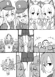 1boy 5girls absurdres animal_ear_headphones animal_ears blue_archive carrying carrying_person carrying_under_arm cat_ear_headphones closed_mouth demon_girl demon_tail doodle_sensei_(blue_archive) fake_animal_ears fang greyscale hair_between_eyes hat headphones highres hikari_(blue_archive) jacket long_hair midori_(blue_archive) momoi_(blue_archive) monochrome multiple_girls necktie nozomi_(blue_archive) open_mouth peaked_cap pointy_ears sensei_(blue_archive) shirt sidelocks skirt tail tenten_(chan4545) twintails two_side_up yuuka_(blue_archive)