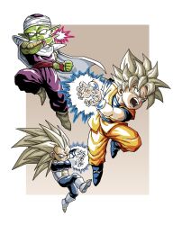 Rule 34 | 3boys, armor, aura, blonde hair, blue bodysuit, blue footwear, blue shirt, bodysuit, boots, brown background, cape, chibi, colored skin, dougi, dragon ball, dragon ball daima, full body, galick gun, green eyes, green skin, group picture, kamehameha (dragon ball), long hair, makankousappou, male focus, medium hair, multiple boys, n (n14542698), no eyebrows, orange pants, orange tunic, pants, piccolo, pointy ears, powering up, purple pants, purple shirt, saiyan armor, shirt, simple background, son goku, spiked hair, super saiyan, super saiyan 1, super saiyan 3, tunic, vegeta, white armor, white background, white cape, white footwear