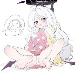 1girl absurdres ahoge barefoot black_halo blue_archive breasts demon_girl demon_horns demon_wings doodle_sensei_(blue_archive) halo highres hina_(blue_archive) hina_(pajamas)_(blue_archive) horns jacket loli long_hair looking_at_viewer meng_yin_(1527812425) pajamas panties pink_pajamas polka_dot polka_dot_pajamas sensei_(blue_archive) simple_background small_breasts toes underwear white_background white_hair white_panties wings yellow_jacket