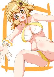 1girl 9ma_(9matohibari) absurdres bikini blonde_hair breasts commentary_request feet_out_of_frame flower hair_flower hair_ornament highres large_breasts looking_at_viewer multicolored_bikini open_mouth scrunchie senki_zesshou_symphogear short_hair smile solo stomach sunflower swimsuit tachibana_hibiki_(symphogear) two-tone_background two-tone_bikini white_bikini wrist_scrunchie yellow_bikini yellow_eyes