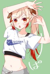 Rule 34 | 1girl, :o, animal ears, arms up, black tank top, blonde hair, blush, chukachuka, commentary request, dog ears, dog girl, droopy ears, fang, green background, grey shorts, hair ornament, high ponytail, highres, long hair, midriff, multicolored hair, nanashi inc., navel, open mouth, orange eyes, ponytail, red hair, seshima rui, shirt, shorts, simple background, solo, tank top, two-tone hair, upper body, virtual youtuber, white shirt, x hair ornament