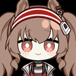 1girl :&gt; angelina_(arknights) animal_ears animated animated_gif arknights black_choker blinking bright_pupils brown_hair chinese_commentary choker coat commentary_request dot_nose earpiece english_text fox_ears hairband infection_monitor_(arknights) jacket long_hair lowres material_growth nodding open_clothes open_coat open_jacket oripathy_lesion_(arknights) red_eyes red_hairband red_jacket skland_1530589596514 solo striped_clothes striped_hairband transparent_background twintails two-tone_hairband upper_body white_coat white_pupils yes