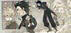 Rule 34 | 2boys, armor, belt, black hair, black pants, black sweater, blonde hair, blue eyes, blush, boots, breath, brown boots, brown gloves, chocobo, cloud strife, cold, commentary, covering own mouth, crisis core final fantasy vii, cross scar, day, dutch angle, facial scar, final fantasy, final fantasy vii, gloves, green scarf, hair slicked back, hand on own hip, hands up, highres, korean text, laughing, leaning forward, limited palette, looking at another, male focus, medium hair, multiple boys, multiple views, nul, open mouth, outdoors, pants, parted lips, pauldrons, people, puffy pants, scar, scar on cheek, scar on face, scarf, shinra infantry uniform, shirt, short hair, shoulder armor, signature, sleeveless, sleeveless sweater, sleeveless turtleneck, smile, snow, snowing, speech bubble, spiked hair, squatting, suspenders, sweater, thought bubble, toned, toned male, translation request, tree, turtleneck, turtleneck sweater, zack fair