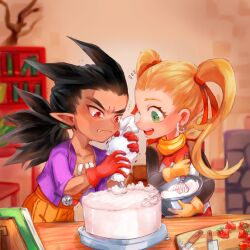 Rule 34 | 1boy, 1girl, :d, artist collaboration, backpack, bag, baking, batter, belt, black hair, black shirt, blonde hair, blurry, blurry background, book, bookshelf, cake, clenched teeth, collarbone, dark-skinned male, dark skin, dragon quest, dragon quest builders 2, dress, earrings, female builder (dqb2), food, fruit, gloves, green eyes, hair horns, hair pulled back, hair ribbon, high-waist pants, highres, holding, holding pastry bag, holding whisk, hoop earrings, hotaro (bread fusa), icing, indoors, jewelry, kitchen, kitchen knife, km navi, knife, looking at food, looking to the side, low ponytail, mixing, mixing bowl, neckerchief, necklace, open book, open clothes, open mouth, open shirt, orange pants, pants, pastry bag, pointy ears, ponytail, profile, purple shirt, red belt, red dress, red eyes, red gloves, red ribbon, ribbon, shirt, shirt under dress, sidoh (dqb2), skull belt, smile, spiked hair, strawberry, sweatdrop, teeth, tooth necklace, trembling, twintails, two-tone dress, upper body, whisk, white dress, yellow gloves, yellow neckerchief