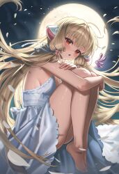 1girl :o absurdres ahoge android barefoot blonde_hair blush brown_eyes by_mirin chii chobits dress falling_petals full_moon hair_intakes hair_spread_out hair_tubes highres knees_up long_hair looking_at_viewer moon night night_sky open_mouth petals robot_ears robot_girl sky solo thighs toes very_long_hair white_dress white_petals