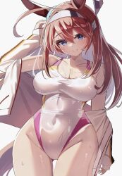 1girl absurdres blue_eyes breasts brown_hair competition_swimsuit grey_background highres horse_girl large_breasts long_hair looking_at_viewer mihono_bourbon_(umamusume) one-piece_swimsuit simple_background smile solo swimsuit taguchi_yuu umamusume white_one-piece_swimsuit