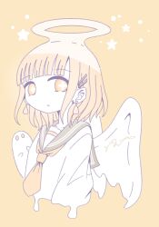 Rule 34 | 1girl, :o, angel, artist name, blonde hair, blunt bangs, circle, collarbone, commentary, cross-shaped pupils, earrings, english commentary, floating earrings, ghost, hair ornament, hairclip, halo, highres, jewelry, long sleeves, looking at viewer, melting, neckerchief, no nose, omochi noa, original, parted lips, school uniform, serafuku, short hair, signature, solid oval eyes, solo, star (symbol), symbol-shaped pupils, upper body, white serafuku, yellow background, yellow eyes, yellow neckerchief