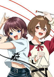 Rule 34 | 2girls, absurdres, arm up, belt, belt buckle, black belt, blue eyes, blue skirt, blush, brown eyes, brown hair, buckle, clothes writing, commentary, girls band cry, highres, hikakisyo, holding, holding microphone, holding paintbrush, instrument, iseri nina, kouzuki mahiru, long hair, low twintails, microphone, midriff, multiple girls, navel, open mouth, paintbrush, pinky out, season connection, shirt, shirt tucked in, short hair, short sleeves, short twintails, skirt, teeth, triangle (instrument), twintails, upper teeth only, watch, white background, white shirt, wristwatch, yoru no kurage wa oyogenai