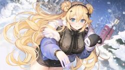 artist_request black_dress black_headband black_mittens blonde_hair blue_coat blue_eyes blue_skin breasts coat colored_skin cowlick cropped_legs double-parted_bangs double_bun dress hair_bun hair_ornament headband highres kaneko_lumi kaneko_lumi_(2nd_costume) lamppost large_breasts long_hair looking_at_viewer mittens multicolored_hair official_art orange_hair phase_connect pine_tree sidelocks snow snowman star_(symbol) star_hair_ornament streaked_hair tree two-tone_hair very_long_hair virtual_youtuber wavy_hair