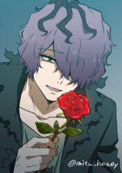 1boy black_jacket collarbone flower garry_(ib) highres hikari_(mitsu_honey) ib_(kouri) jacket looking_at_viewer male_focus messy_hair open_mouth purple_hair red_flower red_rose rose short_hair simple_background solo twitter_username upper_body