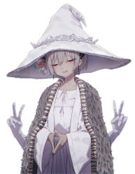 1girl absurdres arknights beudelb blush cloak closed_eyes commentary commentary_request commission cosplay dark-skinned_female dark_skin doll_joints double_v dress earrings elden_ring english_commentary extra_arms flower fur_cloak hair_flower hair_ornament hat highres jewelry joints korean_commentary open_mouth oversized_hat pixiv_commission raidian_(arknights) ranni_the_witch ranni_the_witch_(cosplay) red_flower robe sidelocks simple_background smile solo trait_connection v white_background white_dress white_flower white_hat white_robe wide_sleeves witch_hat