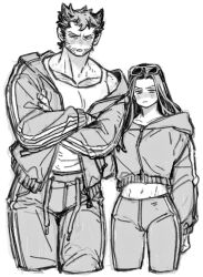 Rule 34 | 1boy, 1girl, animification, closed mouth, collarbone, cowboy shot, crossed arms, dishing, eyewear on head, facial hair, greyscale, highres, hood, hooded jacket, jacket, laura kinney, long hair, long sleeves, looking at viewer, marvel, midriff, monochrome, muscular, muscular male, navel, open clothes, open jacket, open mouth, pants, puffy long sleeves, puffy sleeves, short hair, simple background, standing, sunglasses, tank top, track jacket, track suit, v-shaped eyebrows, wolverine (x-men), x-men, zipper