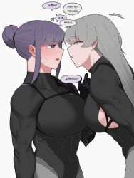 2girls absurdres black_gloves black_shirt blush breasts closed_eyes commentary_request gloves grey_hair hair_bun highres korean_commentary large_breasts looking_at_another multiple_girls muscular muscular_female oddsnail original parted_lips purple_hair shirt simple_background speech_bubble sweatdrop translation_request upper_body white_background yuri