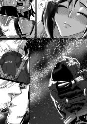 1boy 1girl aarokira absurdres blush closed_eyes cloud_strife english_text final_fantasy final_fantasy_vii heartbeat hetero highres hug imminent_kiss monochrome night night_sky non-web_source sky sound_effects tifa_lockhart