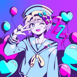 1boy balloon blonde_hair blue_bow blue_eyes blue_hair blue_nails blue_sailor_collar blue_shirt blush bow bright_pupils brooch chouzetsusaikawa_tenshi-chan genderswap genderswap_(ftm) gradient_background hair_bow hat heart heart_balloon heart_brooch highres jewelry long_sleeves looking_at_viewer male_focus multicolored_hair multicolored_nails neckerchief needy_girl_overdose one_eye_closed open_mouth pink_bow pink_hair pink_nails purple_bow sailor_collar sailor_hat shirt short_hair_with_long_locks smile solo sylvenpsd teeth upper_teeth_only v white_pupils yellow_neckerchief