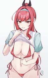 Rule 34 | 1girl, absurdres, bikini, goddess of victory: nikke, highres, navel, official alternate costume, official alternate design, official alternate hair color, rapi (nikke), rapi (red hood) (nikke), rapi (red hood) (red flavor) (nikke), red bikini, red eyes, red hair, sava (sava 2539), shirt, smile, solo, swimsuit