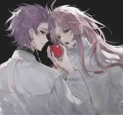 2boys absurdres apple black_hair commentary earrings food fruit hatsutori_hajime highres holding holding_food holding_fruit jacket jewelry long_hair long_sleeves male_focus multiple_boys open_mouth pink_hair purple_hair red_eyes saibou_shinkyoku short_hair simple_background symbol-only_commentary theodore_riddle white_jacket xianzhou67435