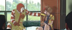 1girl 3boys black_necktie black_shorts brown_eyes brown_hair burger clown clown_boy collared_shirt colored_skin commentary curly_hair dress_shirt eating foliage food food_bite gauze_on_knee gloves grass hand_on_another&#039;s_shoulder hat highres holding holding_burger holding_food imadake_dabuchi_tabemi indoors iron_man_(2008) iron_man_(series) light_blush looking_at_another looking_to_the_side marvel_cinematic_universe mcdonald&#039;s medium_hair multiple_boys necktie people pinstripe_pattern pinstripe_shirt polypro red_hair red_hat red_shirt ronald_mcdonald shirt shorts sitting striped_clothes striped_leggings striped_shirt tree twintails two-tone_shirt vertical-striped_clothes vertical-striped_shirt visor_cap white_shirt white_skin window yellow_gloves yellow_happi yellow_romper