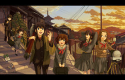 00s 2boys 4girls :d architecture arms_behind_head bicycle black_footwear black_hair black_pants blouse blue_eyes blunt_bangs blush bob_cut briefcase brown_eyes brown_hair bug building bush calligraphy_brush cardigan cloud coat creature daikon dragonfly drainpipe east_asian_architecture gakuran glasses grey_skirt helmet hill hitotsubashi_shoukichi hitotsubashi_yurie holding in-universe_location insect kamichu! letterboxed long_hair long_sleeves looking_at_another looking_down looking_to_the_side multiple_boys multiple_girls naruko_hanaharu neckerchief ninomiya_kenji open_mouth pagoda paintbrush pants pleated_skirt power_lines radish railing saegusa_matsuri saegusa_miko school school_briefcase school_uniform serafuku shadow shijou_mitsue shirt shoes short_hair sidewalk skirt sky smile socks stairs sunset tile_roof town unworn_headwear unworn_helmet utility_pole v_arms walking watermark
