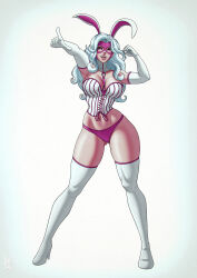 1girl animal_ears batman_(series) boots bow bowtie breasts cleavage clenched_hand corset curly_hair curvy dc_comics domino_mask elbow_gloves fake_animal_ears gloves high_heel_boots high_heels highres large_breasts long_hair looking_at_viewer mask narrow_waist open_mouth panties parted_lips pink_bow pink_bowtie pink_eyes pointing pointing_at_viewer purple_bow purple_bowtie purple_panties rabbit_ears rabbit_girl simple_background smile thigh_boots thong underwear valenvenge white_background white_gloves white_hair white_rabbit_(dc) wide_hips