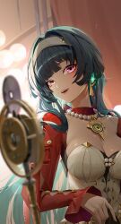 Rule 34 | 1girl, absurdres, astra yao, blush, breasts, cleavage, dress, earrings, green hair, hairband, highres, jacket, jelmul, jewelry, long hair, looking at viewer, medium breasts, microphone stand, necklace, open mouth, pearl necklace, pink eyes, red jacket, solo, teeth, upper body, upper teeth only, white dress, white hairband, zenless zone zero