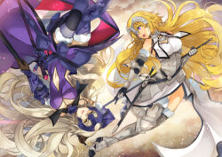 2girls :d armor armored_boots armored_dress banner blonde_hair boots breasts cleavage clothing_cutout dress ells eye_contact fate/grand_order fate_(series) faulds floating_hair fur-trimmed_boots fur_trim grey_hair headpiece holding_banner jeanne_d&#039;arc_(fate) jeanne_d&#039;arc_(ruler)_(fate) jeanne_d&#039;arc_(third_ascension)_(fate) jeanne_d&#039;arc_alter_(avenger)_(fate) jeanne_d&#039;arc_alter_(avenger)_(third_ascension)_(fate) jeanne_d&#039;arc_alter_(fate) long_hair looking_at_another medium_breasts midriff multiple_girls navel navel_cutout open_mouth purple_dress purple_eyes sheath sheathed smile stomach sword thigh_boots very_long_hair weapon white_dress yellow_eyes