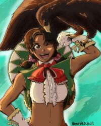 1girl bare_shoulders beak bird breasts crop_top dark-skinned_female dark_skin gloves hat lily_hawk long_hair medium_breasts mexican_clothes monkey_d_uri one_eye_closed street_fighter street_fighter_6 teeth