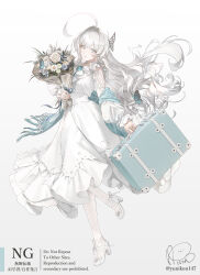 1girl absurdres ahoge bouquet butterfly_hair_ornament choker commentary commission dress flower full_body grey_eyes hair_ornament high_heels highres holding holding_bouquet huge_ahoge long_hair long_sleeves looking_at_viewer newspaper original rose signature simple_background solo standing standing_on_one_leg suitcase twitter_username very_long_hair watermark white_background white_choker white_dress white_flower white_hair white_rose yunikon