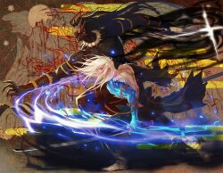 Rule 34 | 2boys, against wall, armlet, bandaged foot, bandaged hand, bandages, black hair, black skin, blue jacket, collar, colored skin, commentary request, dungeon and fighter, from side, full body, ghost slayer (dungeon and fighter), ghostblade (dungeon and fighter), graffiti, highres, holding, holding sword, holding weapon, jacket, jewelry, katana, light particles, long hair, looking to the side, male focus, male slayer (dungeon and fighter), mask, multiple boys, muscular, muscular male, pants, parted lips, reaching, red eyes, slayer (dungeon and fighter), sparkle, spiked collar, spikes, sword, toned, toned male, topless male, ven0305, weapon, white collar, white hair