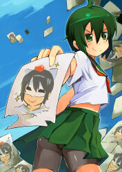 Rule 34 | 1girl, ahoge, arniro111, bike shorts under skirt, drawing (object), gakuen kino, green eyes, green hair, green sailor collar, green skirt, holding, holding drawing, kino (kino no tabi), kino no tabi, miniskirt, pleated skirt, sailor collar, school uniform, serafuku, short hair, skirt, solo, v-shaped eyebrows