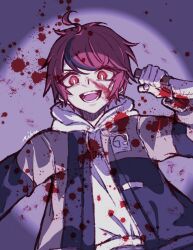 1boy ahoge black_hair blood blood_on_clothes blood_on_face blood_on_hands blood_splatter blue_background eyelashes grey_background highres holding holding_knife holding_weapon hood hoodie knife long_sleeves male_focus messy_hair open_mouth red_eyes red_hair simple_background sumino_takumi takumi-g_(hundred_line) teeth the_hundred_line_-last_defense_academy- tongue vignetting weapon