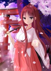 Rule 34 | 1girl, absurdres, ahoge, alternate costume, alternate hairstyle, blurry, blurry background, bow, bow skirt, breasts, cherry blossoms, closed mouth, commentary, cowboy shot, dracu-riot!, falling petals, fingernails, floating hair, hair between eyes, hair bun, hakama, hakama skirt, hands up, highres, holding, holding petal, holding umbrella, huge ahoge, japanese clothes, kimono, long hair, long sleeves, looking at viewer, medium breasts, miko, night, oil-paper umbrella, omu oshiron, outdoors, petals, red bow, red hair, red hakama, ribbon-trimmed sleeves, ribbon trim, sidelighting, sidelocks, single hair bun, skirt, smile, solo, split mouth, spring (season), straight hair, torii, umbrella, very long hair, white kimono, wide sleeves, wind, yarai miu, yellow eyes