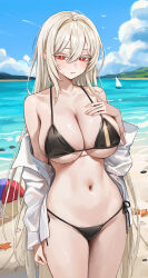 1girl absurdres ball bare_shoulders beachball bikini bird black_bikini blonde_hair blue_sky blush breasts bright_pupils cleavage closed_mouth cloud cloudy_sky colored_eyelashes commission day fungi542 hair_between_eyes hair_intakes hand_on_own_chest highres large_breasts lethe_rin long_sleeves looking_at_viewer mountainous_horizon navel ocean off_shoulder original outdoors red_eyes seagull shiny_skin shirt side-tie_bikini_bottom skindentation sky solo starfish stomach swimsuit thighs underboob upper_body white_pupils white_shirt