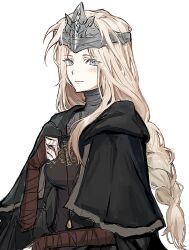 Rule 34 | 1girl, black dress, blindfold, blonde hair, blue eyes, blush, braid, breasts, cape, capelet, cloak, closed mouth, dark souls (series), dark souls iii, dress, fire keeper, frmtanoshingo, gloves, highres, jewelry, long hair, necklace, simple background, smile, solo, upper body