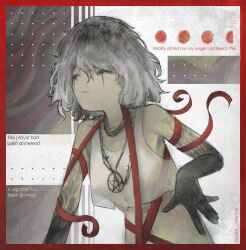 1girl black_hands colored_extremities crop_top dotted_background english_text gba_dvance grey_hair hashtag-only_commentary highres jewelry looking_to_the_side makeup necklace original outside_border parted_lips pentagram pentagram_necklace red_background red_ribbon ribbon short_hair solo twitter_username