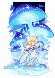 Rule 34 | 1girl, artist name, ayiiiyiii, bare shoulders, blonde hair, blush, character name, chinese commentary, closed mouth, commentary request, copyright name, dated, detached sleeves, dress, flower, full body, genshin impact, hair between eyes, hair flower, hair ornament, highres, holding, holding mushroom, lumine (genshin impact), mushroom, reflection, ripples, short hair with long locks, signature, sleeveless, sleeveless dress, solo, squatting, twitter username, water, white dress, white flower, white sleeves, yellow eyes